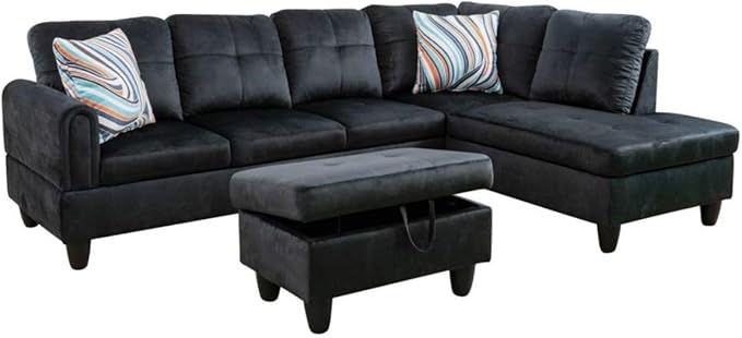 Black L-Shaped 3-Piece Flannel Sofa with Storage Ottoman Set, Sectional Couch Sofa Set for Living Room, Office, Small Space
