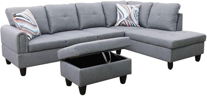 Grey-1 L-Shaped 3-Piece Linen Sofa with Storage Ottoman Set, Sectional Couch Sofa Set for Living Room, Office, Small Space