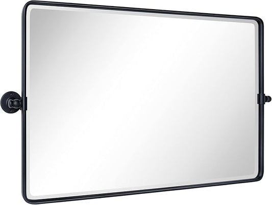 TEHOME Horizontal Pivot Mirror Black Tilt Mirror for Bathroom Beveled Metal Framed Pivoting Rectangle Bathroom Mirror, 35x23''
