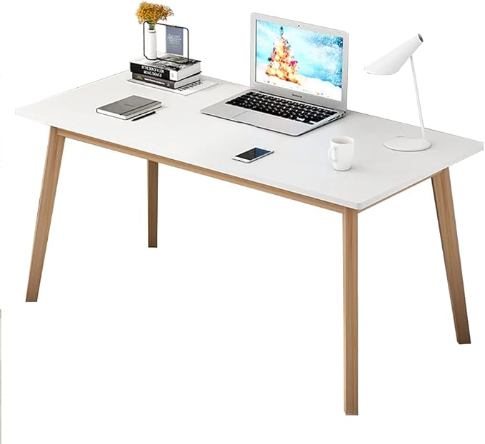 IOTXY Simple Wooden Writing Desk - Modern Minimalist Style PC Laptop Computer Workbench with Solid Wood Legs, 55" W Home Office Work Table for TV Stand Music Video Live Broadcast Workstation, White