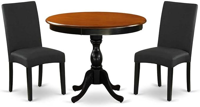 East West Furniture AMDA3-BCH-C 3 Piece Kitchen Table Set for Small Spaces Contains a Round Dining Room Table with Pedestal and 2 Linen Fabric Upholstered Chairs, 36x36 Inch, Black & Cherry