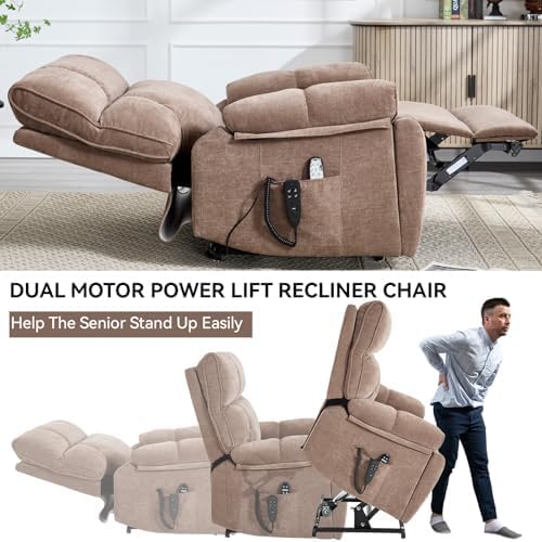 Dual Motor Power Lift Recliner Chair, 8 Positions Vibration Massage Recliner Chair, Chenille Fabric Recliner with Cup Holder, Vibration Massage and Lumbar Heating for Adults and Elderly, Brown