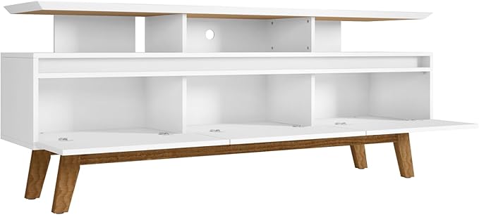Manhattan Comfort Yonkers 71 Inch Mid Century Modern TV Stand with Storage, 3 Flip Down Door, Hole for Wire Management, Fits Up to 60" Television, Durable & Versatile Console Table, White