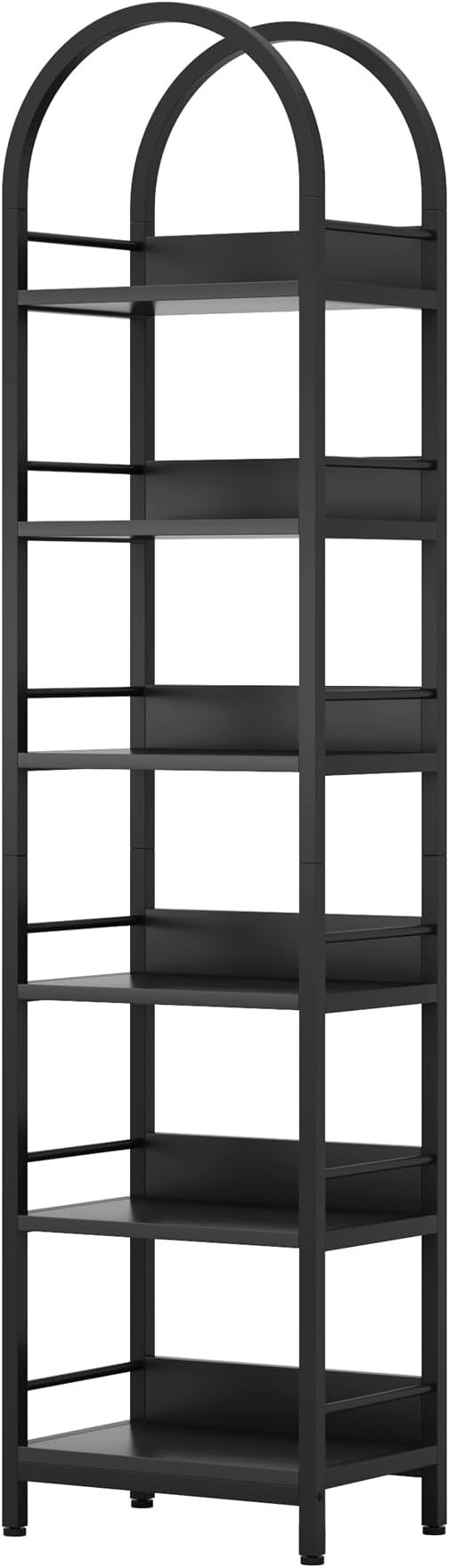 LITTLE TREE 6-Tier Open Bookshelf Set 2, Freestanding 78.7" Tall Arched Bookcase, Black Wooden Bookshelf with Metal Frame, Narrow Bookcase Display Shelves for Living Room, Bedroom, Office