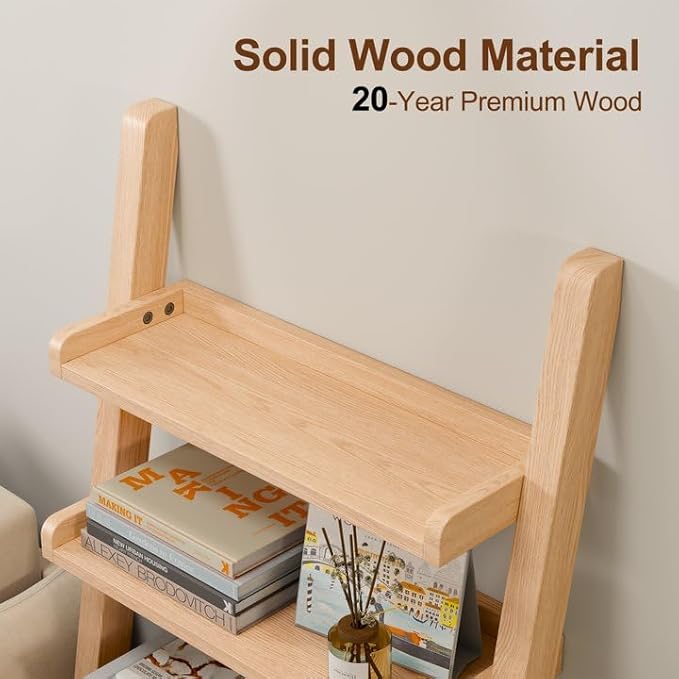 Wooden Ladder Shelf with Edges, 5-Tier Modern Leaning Bookshelf Ladder – Stylish Space-Saving Bookcase for Living Room, Bedroom & Home Office