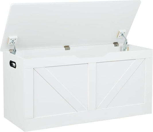 39.4" Storage Chest, Wooden Storage Bench, Large Storage Trunk with 2 Safety Hinges, Entryway Shoes Bench for Living Room, Bedroom, White