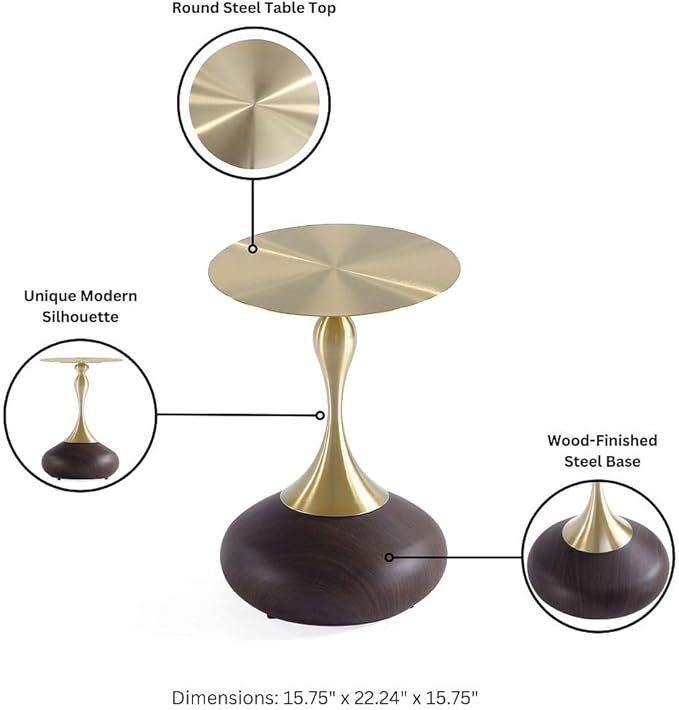 Manhattan Comfort Patchin Modern 15.75" Round End Table - Sleek Wood-Finished Steel Base with Gold Tabletop, Fully Assembled Accent Furniture, Set of 1, Brown/Gold