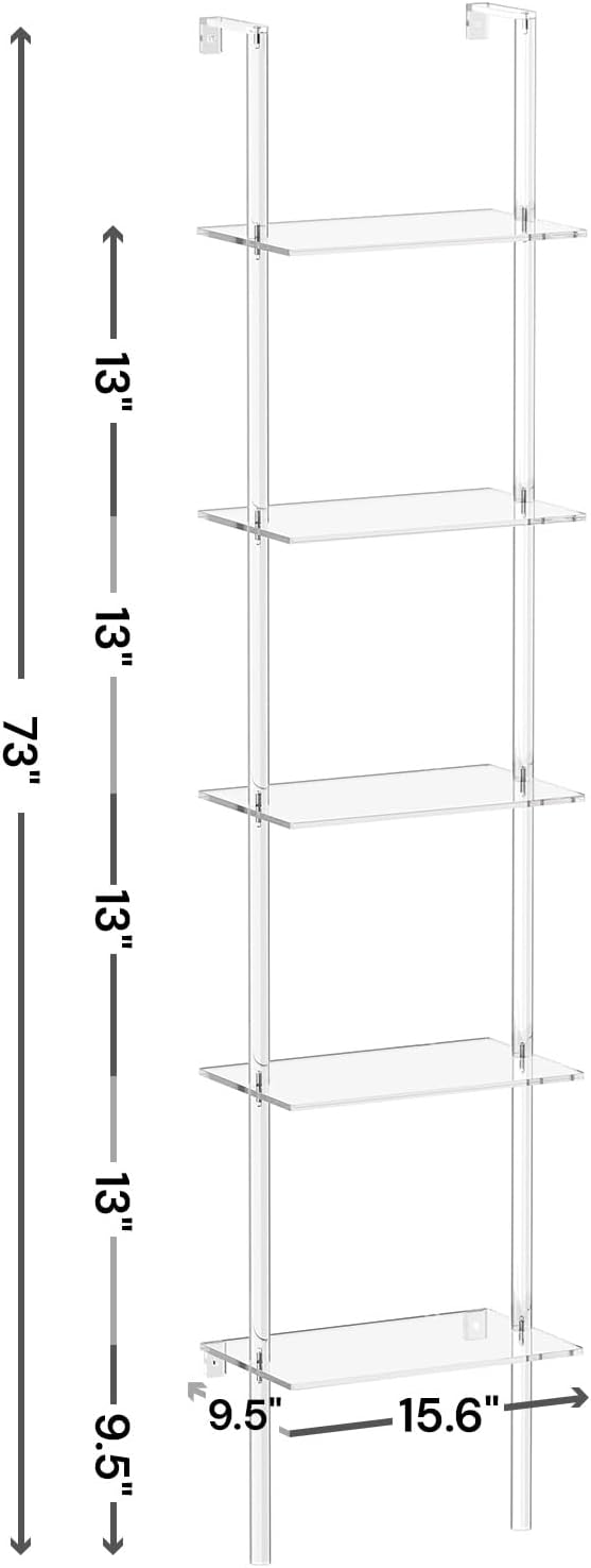 Small Acrylic Ladder Bookshelf, 9.5" D x 15.6" W, 5-Tier Clear Wall Mounted Book Shelf for Small Spaces, Multipurpose Bookcase for Living Room, Bathroom, Office, Modern, 73" H