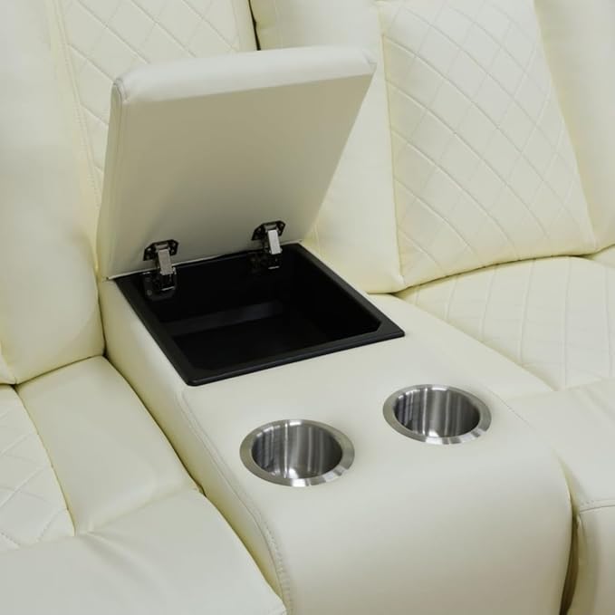 Electric Power Recliner Loveseat Set Living Room Furniture, Comfy Home Theater Breathing Leather Seating with USB 2.0 Charging Ports, LED Light Strips, Mid Console and Cupholders (White)