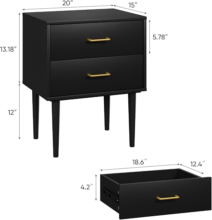 Black Nightstand with 2 Drawers,Tall Modern Night Stand Black, Wooden Night Stands for Bedroom, Bed Side Table, End Table, Gold Handle