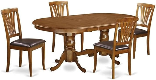 East West Furniture PLAV5-SBR-LC 5 Piece Dining Room Table Set Includes an Oval Wooden Table with Butterfly Leaf and 4 Faux Leather Kitchen Dining Chairs, 42x78 Inch, Saddle Brown