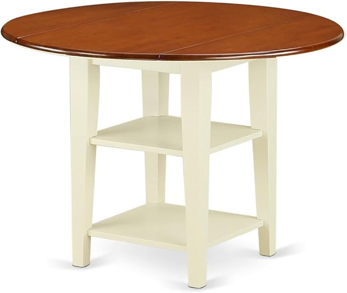 East West Furniture SUPL3-BMK-W 3 Piece Kitchen Table & Chairs Set Contains a Round Dining Room Table with Dropleaf & Shelves and 2 Solid Wood Seat Chairs, 42x42 Inch, Buttermilk & Cherry