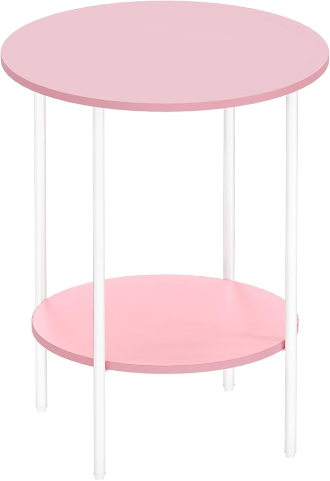 Side Table,Round End Table with 2 Storage Shelves| Compact Side Tables for Living Room, Couch, Office & Bedroom | Narrow Accent Table as Space-Saving Small Bedside Table 18x18x22in (Pink)