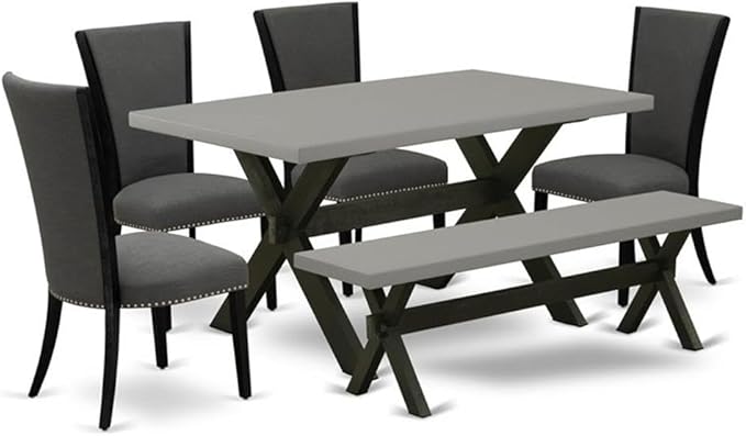 East West Furniture X696VE650-6 6 Piece Kitchen Table & Chairs Set Contains a Rectangle Dining Room Table and 4 Dark Gotham Linen Fabric Parson Chairs with a Bench, 36x60 Inch, Multi-Color