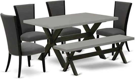 East West Furniture X696VE650-6 6 Piece Kitchen Table & Chairs Set Contains a Rectangle Dining Room Table and 4 Dark Gotham Linen Fabric Parson Chairs with a Bench, 36x60 Inch, Multi-Color