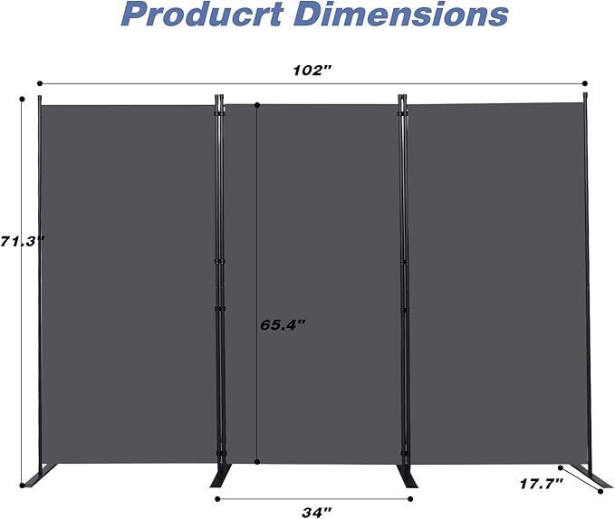 Room Divider, 3 Panel Folding Privacy Screens with Wider Support Feet, 6 Ft Portable Room Partition for Room Separator, 102" W X 71" H, Grey