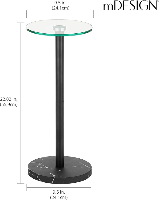mDesign Glass Top Side/End Drink Table - Small Modern Round Accent Metal Nightstand Furniture for Living Room, Dorm, Home Office, and Bedroom - 9" Round - Clear/Matte Black Marble Print