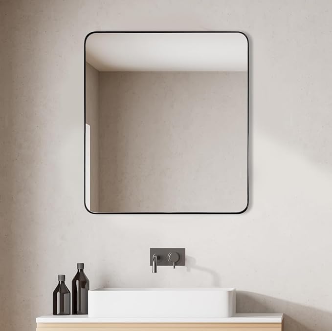 ANDY STAR Square Wall Mirror for Bathroom, 24”x24” Matte Black Bathroom Mirror, Rounded Corner Metal Mirror in Premium Stainless Steel Frame Hangs Horizontal Or Vertical
