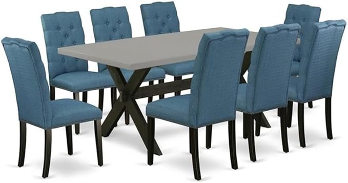 East West Furniture X697EL121-9 9 Piece Dining Room Furniture Set Includes a Rectangle Dining Table with X-Legs and 8 Blue Linen Fabric Upholstered Chairs, 40x72 Inch, Multi-Color