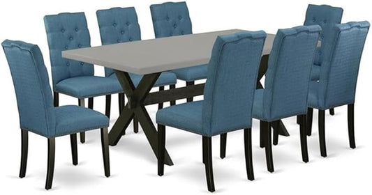 East West Furniture X697EL121-9 9 Piece Dining Room Furniture Set Includes a Rectangle Dining Table with X-Legs and 8 Blue Linen Fabric Upholstered Chairs, 40x72 Inch, Multi-Color