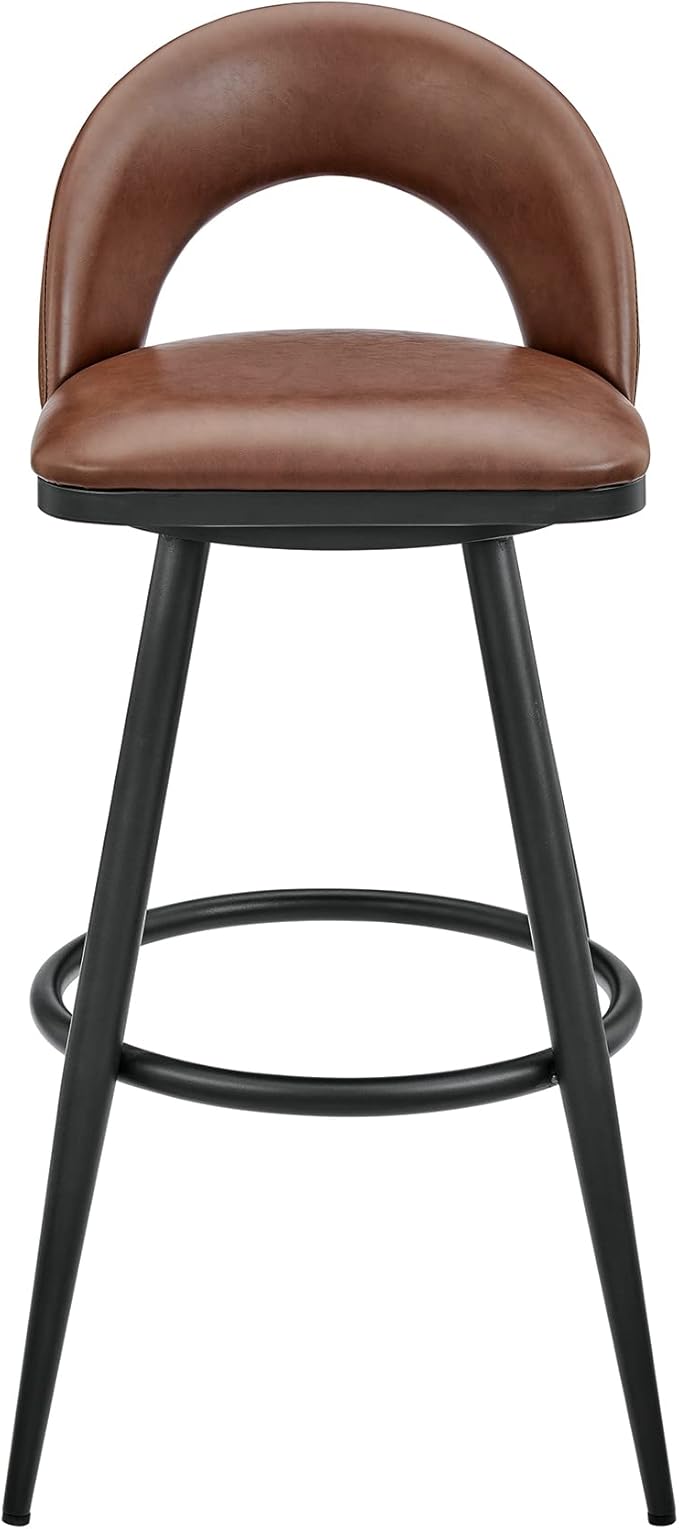 Armen Living Charlotte Swivel Bar Stool in Black Metal with Brown Faux Leather