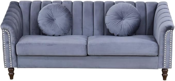 Sectional Sofa Set, Microfiber Chesterfield Upholstered Sofas Loveseat Couch Chair Sets with Style Button Tufted, Scroll Arms and Nailhead for Living Room, Office, Apartment, Grey,S