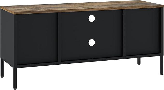 Manhattan Comfort Landen 47" Modern Metal TV Stand with Storage Cabinets & Open Shelves, Holds Up to 40" Screen, TV Console with Natural Wood Top, Cable Management, Adjustable Legs, Black