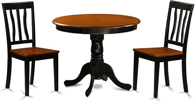 East West Furniture ANTI3-BLK-W 3 Piece Kitchen Table & Chairs Set Contains a Round Dining Room Table with Pedestal and 2 Solid Wood Seat Chairs, 36x36 Inch, Black & Cherry