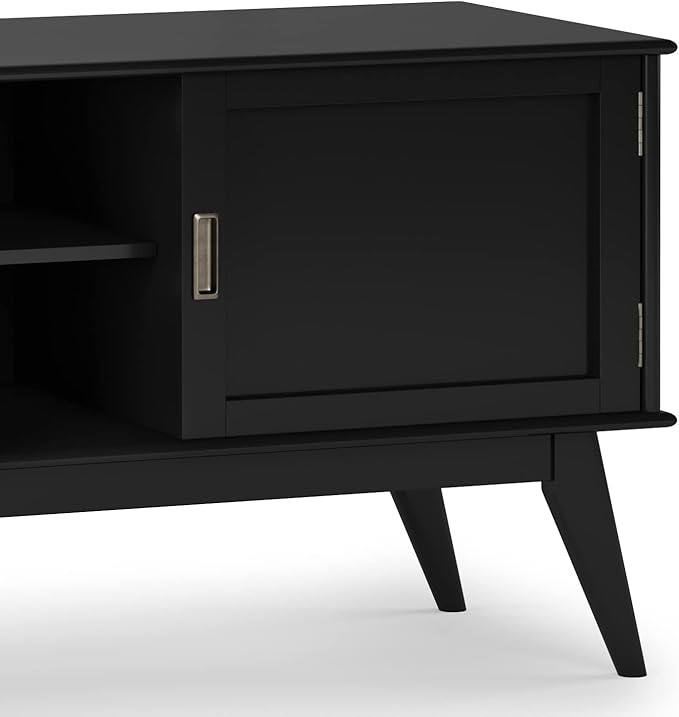 SIMPLIHOME Draper SOLID HARDWOOD 60 inch Wide Mid Century Modern TV Media Stand in Black For TVs up to 65 inches for the Living Room and Entertainment Center