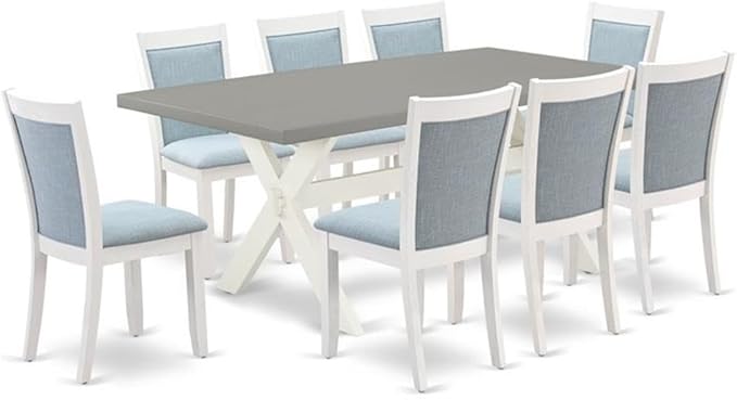 East West Furniture X097MZ015-9 9 Piece Dining Room Furniture Set Includes a Rectangle Dining Table with X-Legs and 8 Baby Blue Linen Fabric Parsons Chairs, 40x72 Inch, Multi-Color