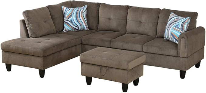 Brown L-Shaped 3-Piece Corduroy Sofa with Storage Ottoman Set, Sectional Couch Sofa Set for Living Room, Office, Small Space