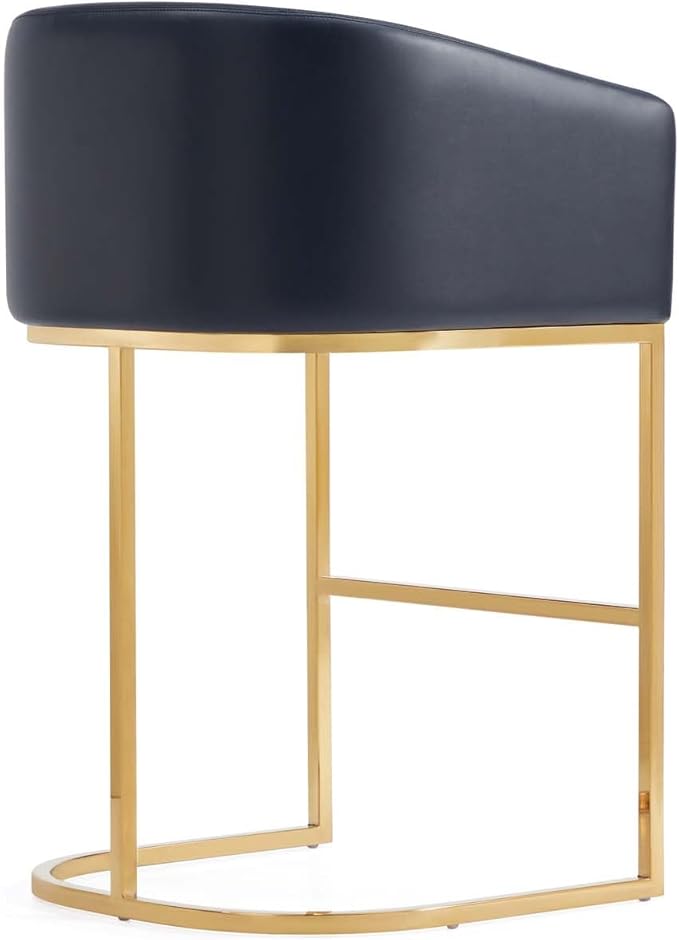 Manhattan Comfort Louvre 26 Inch Mid Century Modern Counter Height Bar Stools - Elegant Faux Leather Padded Seat, Stainless Steel Base with Footrest, Fully Assembled Barstools, Set of 2, Black & Gold