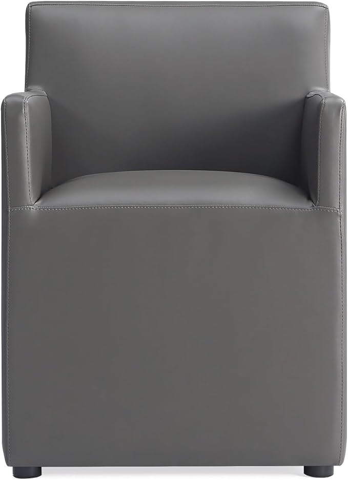 Manhattan Comfort Anna Square Modern Dining Chair with Arms, Head-to-Toe Faux Leather Upholstered Accent Armchair with Plastic Foot Padding, Set of 2, Pewter
