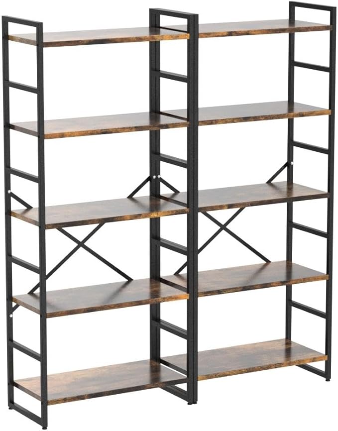 Shintenchi 2 Pieces 5 Tiers Bookshelf, Classically Tall Bookcase Shelf, Industrial Book Rack, Modern Book Holder in Bedroom/Living Room/Home/Office, Storage Rack Shelves for Books/Movies-Rustic Brown