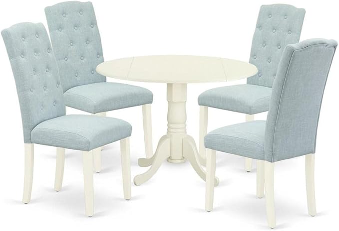 East West Furniture DLCE5-WHI-15 5 Piece Dining Set Includes a Round Dining Room Table with Dropleaf and 4 Baby Blue Linen Fabric Upholstered Chairs, 42x42 Inch, Linen White