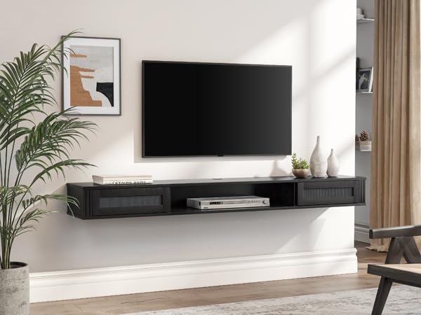 WAMPAT Floating TV Stand Shelf with Power Outlet, Mid Century Modern Wall Mount Shelf for TVs up to 80",Media Console TV Cabinet with 2 Rattan Doors