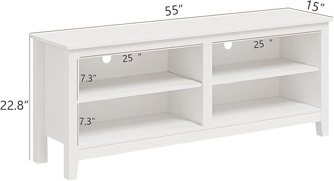 Modern TV Stand for 65 inch TV, White Wood TV Cabinet with 4 Open Storage Shelves, Fits 50-65 Inch TVs, 55 Inches W x 15 Inches D x 22.8 Inches H