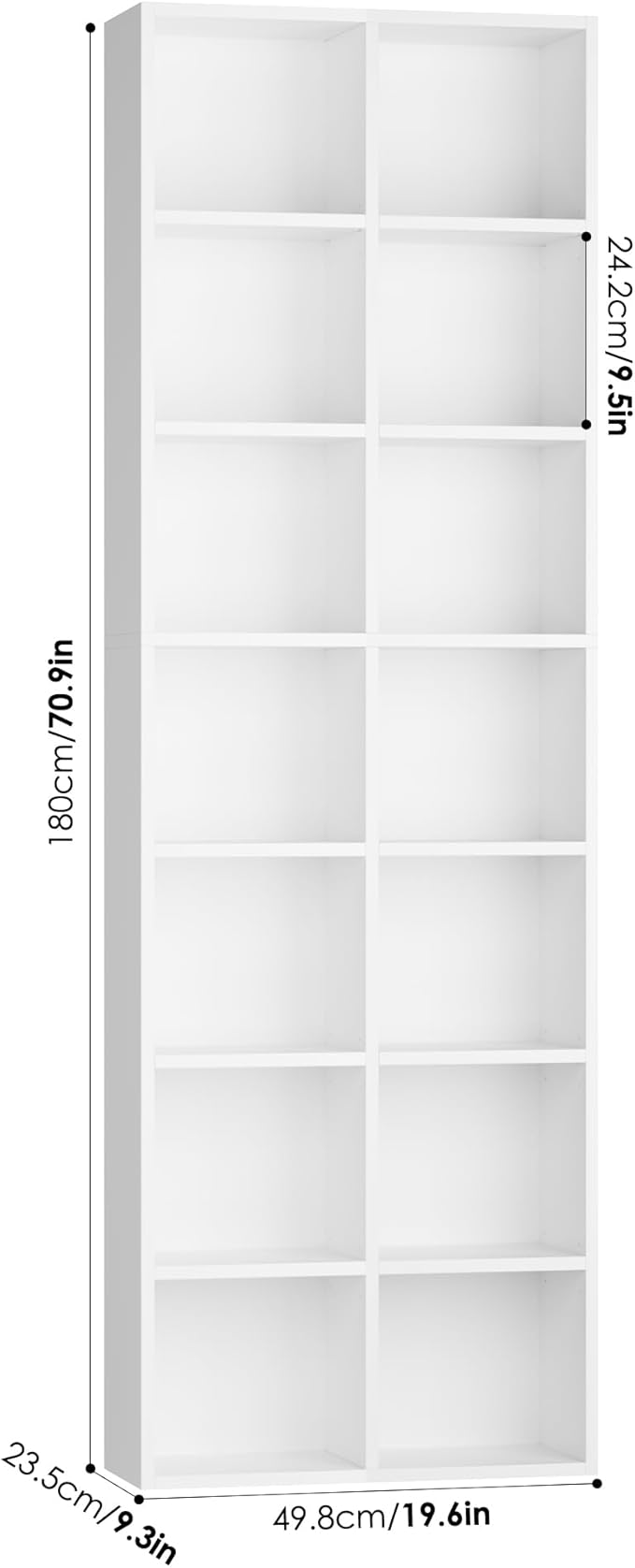 FOTOSOK 71'' White Bookshelf, Double Wide Media Tower Rack CD DVD Rack Display Cabinet with Adjustable Shelves, Tall Narrow Bookcase Bookshelf for Home Office, White