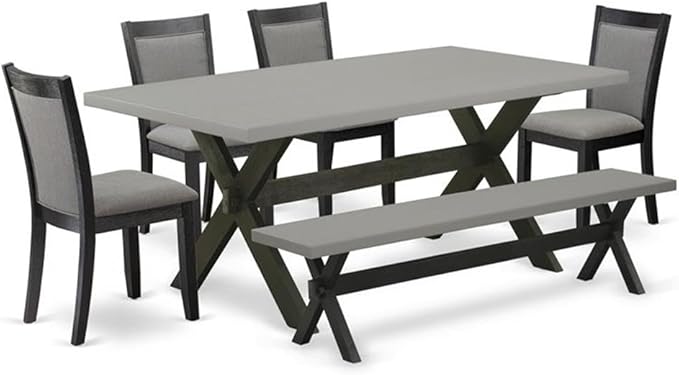 East West Furniture X697MZ650-6 6 Piece Dinette Set Contains a Rectangle Dining Table with X-Legs and 4 Dark Gotham Grey Linen Fabric Parson Chairs with a Bench, 40x72 Inch, Multi-Color