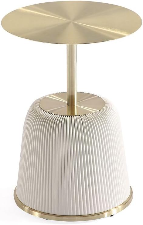 Manhattan Comfort Anderson Modern 15.75" Round End Tables 1.0 - Elegant Leatherette Upholstered Base with Pleated Design & Gold Steel Tabletop, Fully Assembled Accent Furniture, Set of 2, Cream