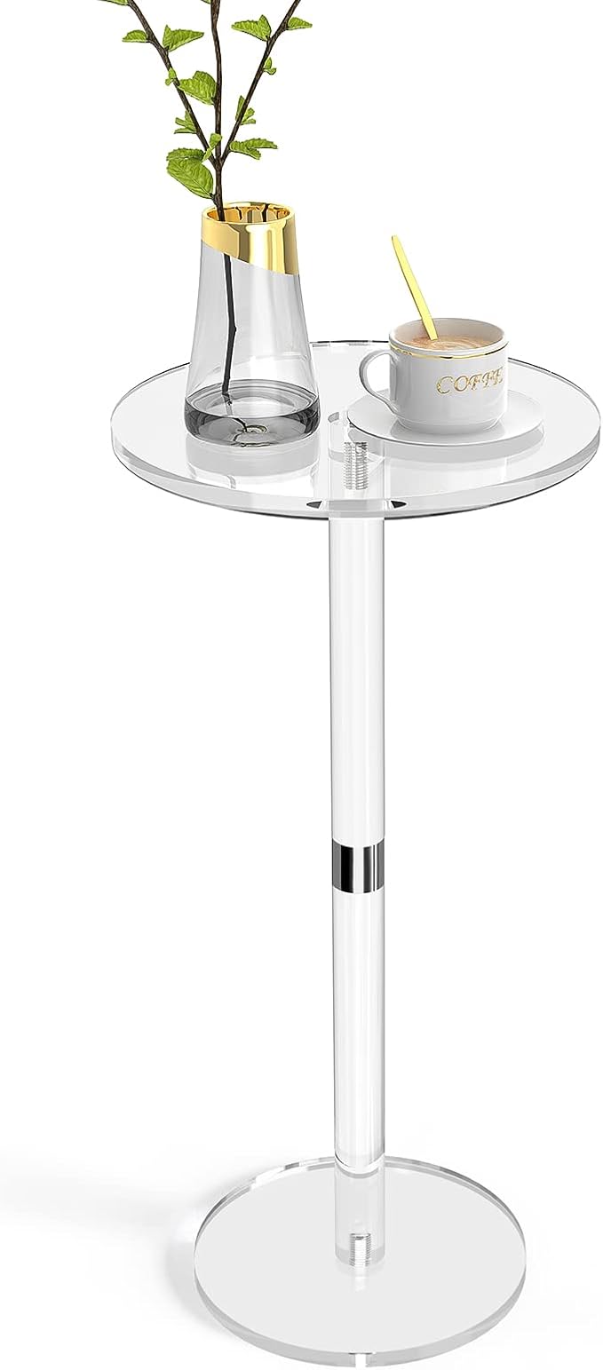 Acrylic End Table, Clear Side Tables for Small Space, 9.8" Round Modern Drink Table for Living Room, Bedroom, Bathroom, Office, Outdoor, Business, Sturdy and Easy to Install