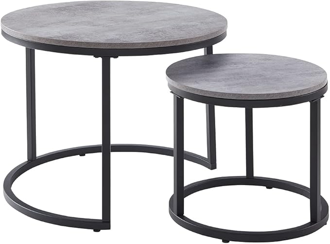 CENSI 24" Round Nesting Table, Accent Coffee Table, Grey Faux Concrete Wood Finish, Space-Saving, Modern Industrial Style