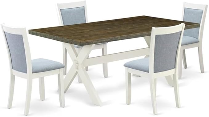 East West Furniture X077MZ015-5 5 Piece Dining Room Table Set Includes a Rectangle Kitchen Table with X-Legs and 4 Baby Blue Linen Fabric Parsons Dining Chairs, 40x72 Inch, Multi-Color