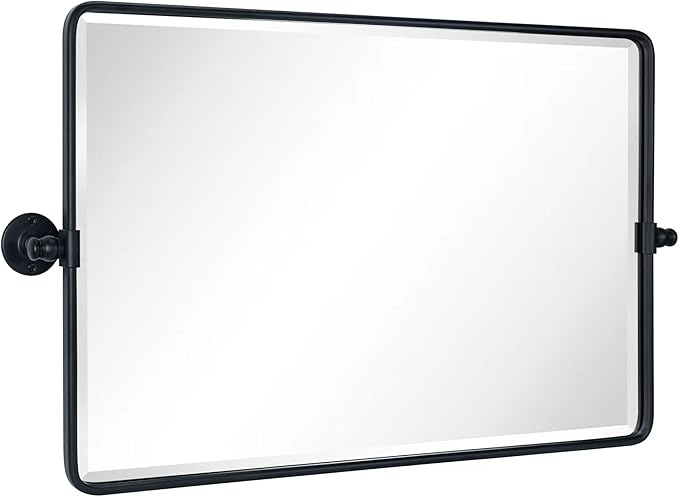 TEHOME 20x33'' Horizontal Farmhouse Black Metal Framed Rounded Pivot Rectangle Bathroom Mirror Tilting Beveled Vanity Mirrors for Wall