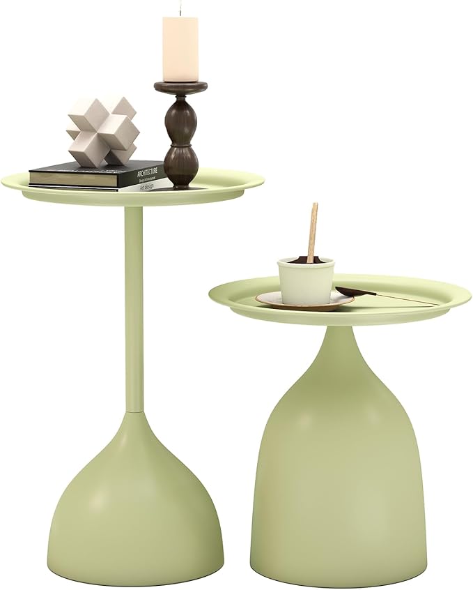 hitsuki Green Nesting Coffee Table Set of 2 Funky Colorful Round Metal End Side Tables for Living Room Sofa Retro Modern Pedestal nightstand Cute Matte Cream Green Side Table