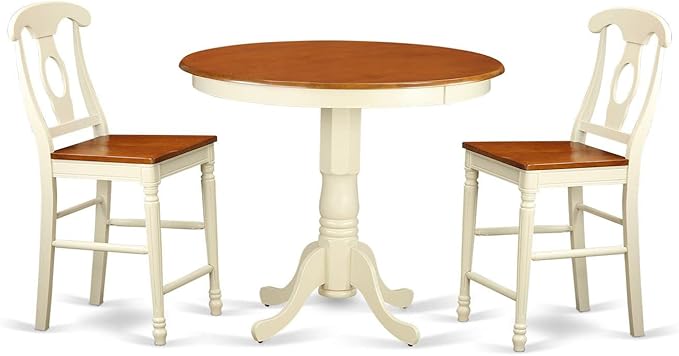 East West Furniture JAKE3-WHI-W 3 Piece Counter Height Dining Set for Small Spaces Contains a Round Wooden Table with Pedestal and 2 Kitchen Chairs, 36x36 Inch, Buttermilk & Cherry