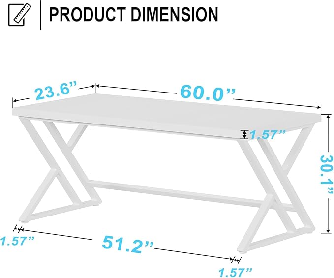 LVB Modern White Computer Desk, Long Industrial Home Office Desk for Student, Large Metal Wood Writing Study Work Desk, Farmhouse Executive Gaming Computer Table for Bedroom Living Room, White, 60 in