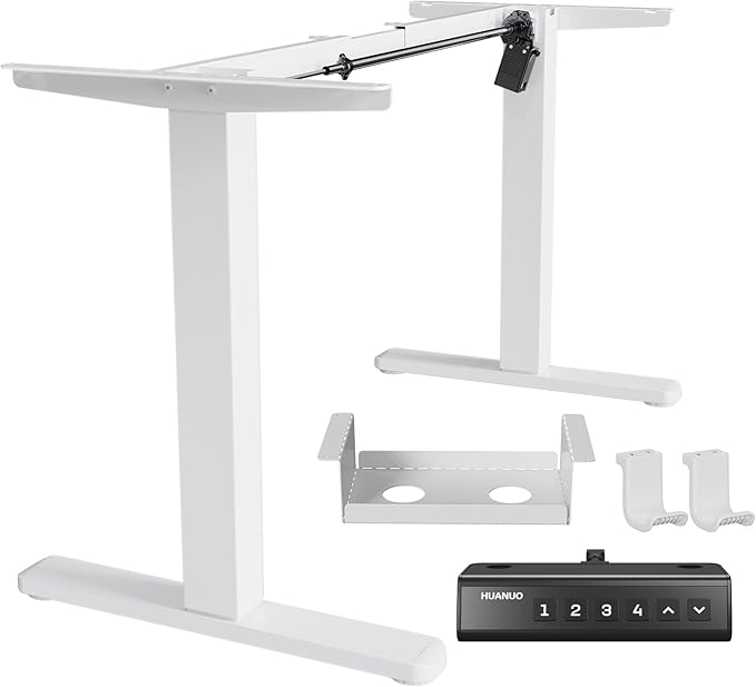 HUANUO Standing Desk Frame with 220lbs Powerful Brushless Motor, Thick T-Shaped Adjustable Desk Legs Made of Automotive-Grade Steel, for Max 75″ x 35″ Desktop, for Home Office, White Frame Only
