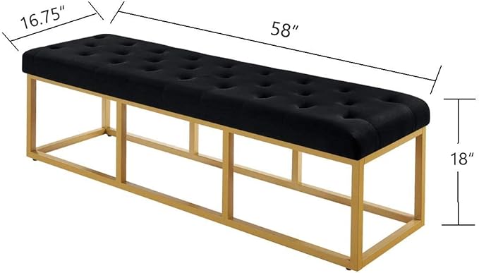 24KF Upholstered Tufted Long Bench with Golden Metal Leg, Black Velvet Bench with Padded Seat-Black