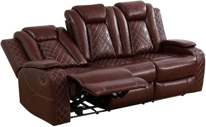 Electric Power Recliner Sofa Living Room Furniture, Comfy Home Theater Breathing Leather Seating with USB 2.0 Charging Ports, LED Light Strips, Fold-Down Table & Wireless Charging Device (Red)